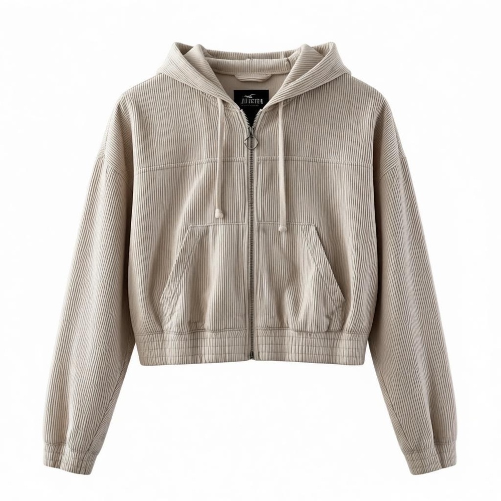 Hollister Womens Hooded Cropped Zip-Up Jacket M Beige & White